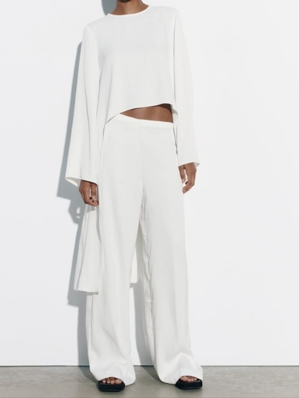 Zara NWT🏷️ Palazzo White Silky Flowy Wide Leg High Waist Pants Side Zip XL - Picture 2 of 13